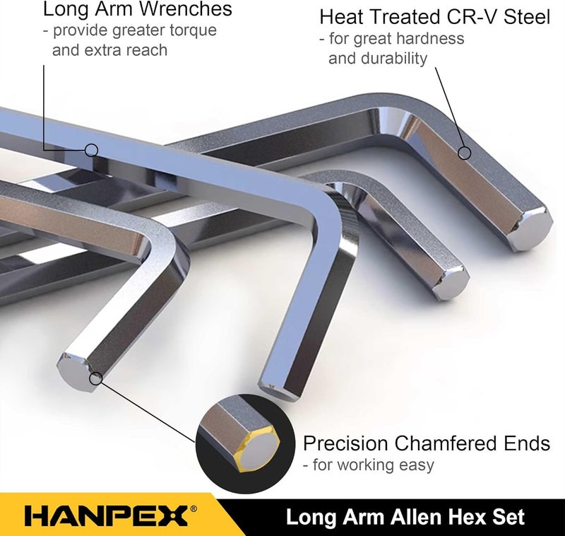 Hanpex Long Arm Hex Key Allen Wrench Set with Ball End, Ball-End Hex Allen Key, Allen Wrench Set Chrome Vanadium Steel(Cr-V), Tamperproof TORX L- Key Set (9Pc Imperial) - Image 3